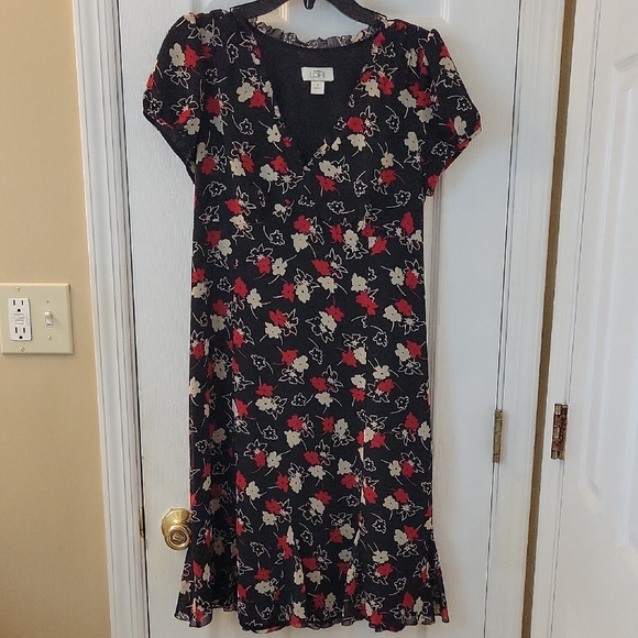 LOFT Dresses & Skirts - LOFT Black Midi Dress with Red and Cream Floral Design